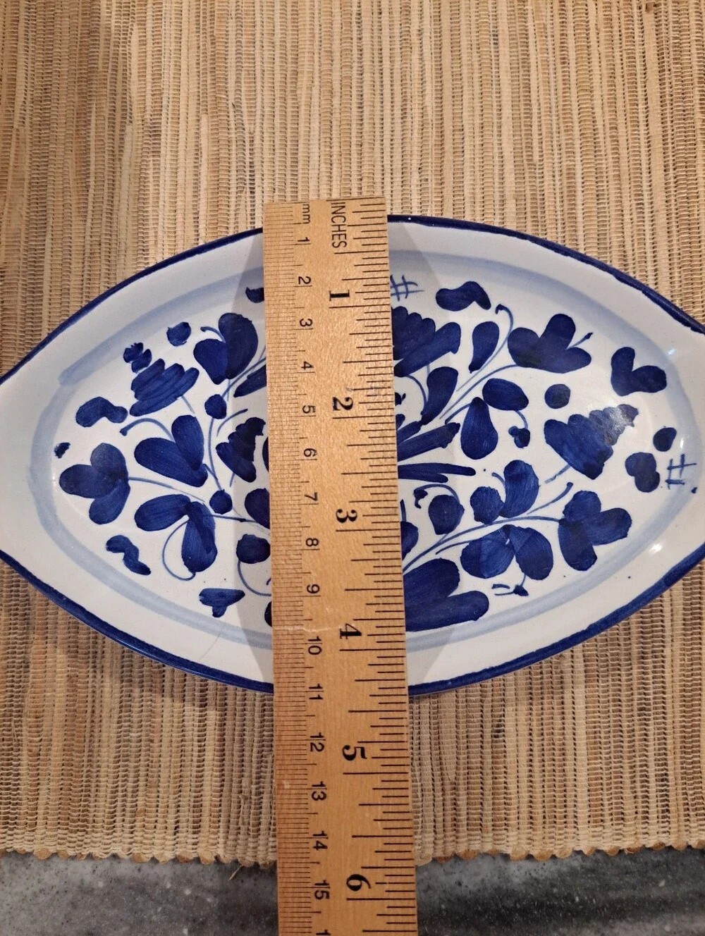 Vtg. Sambuco Pottery Oval Dish Blue/White with Bird & Florals Italy